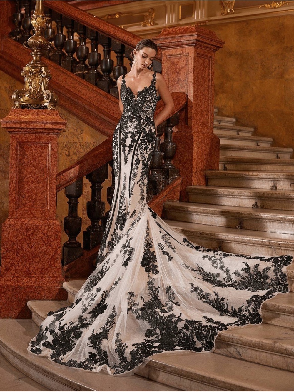 Black & White Lace Appliqué Bridal Gown with Dramatic Train